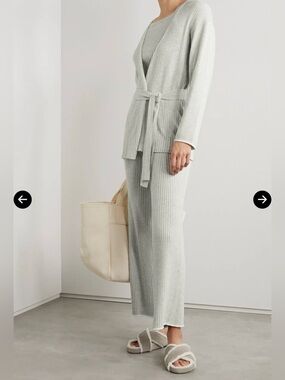 ✨🩵☁️SKIN cashmere Light Blue Ribbed flare pant/wrap cardigan set XS-never worn